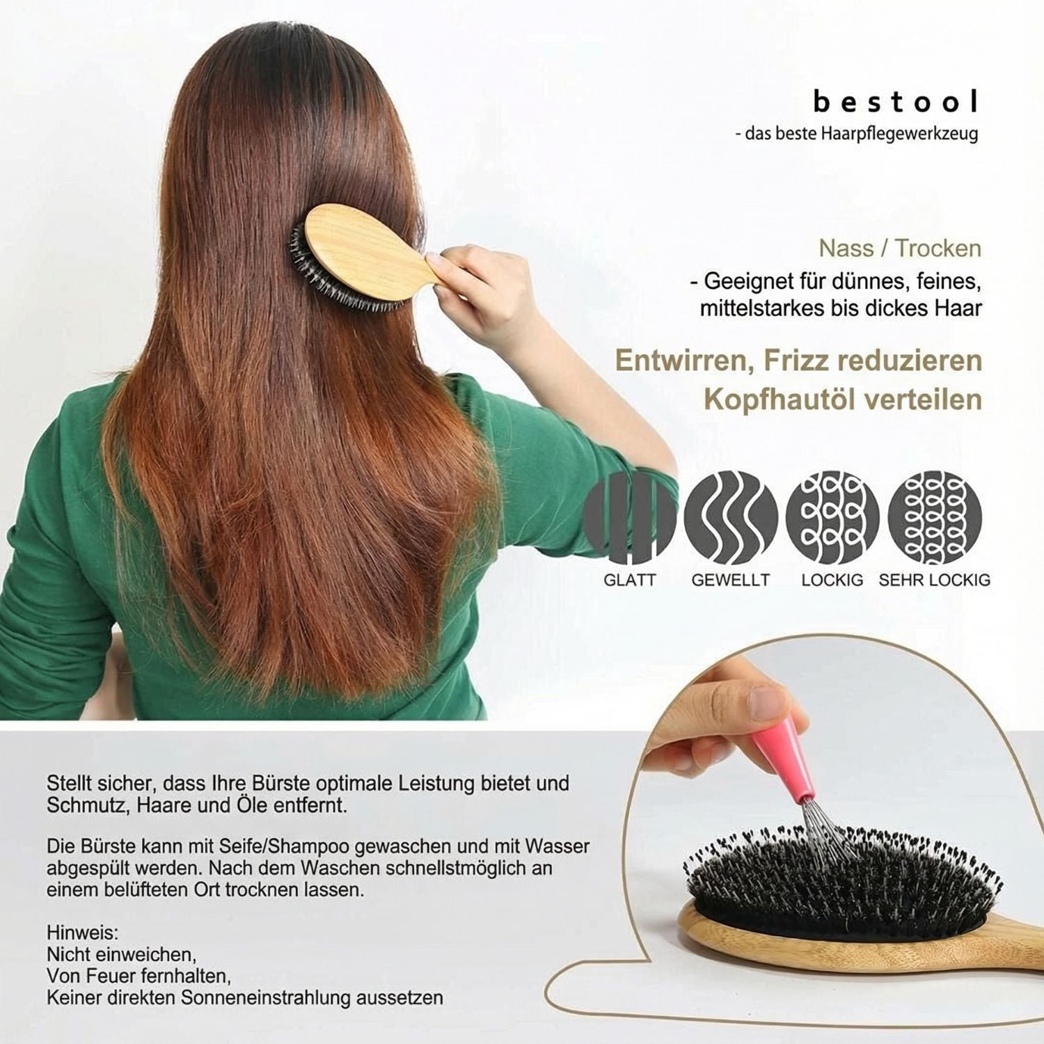 BESTOOL Haarbürste mit Wildschweinborsten – Premium Qualität